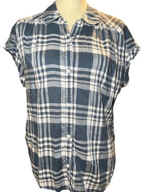 Kuhl Blue Plaid Tencel Cap Sleeve Button Down Shirt, Women's Size Medium